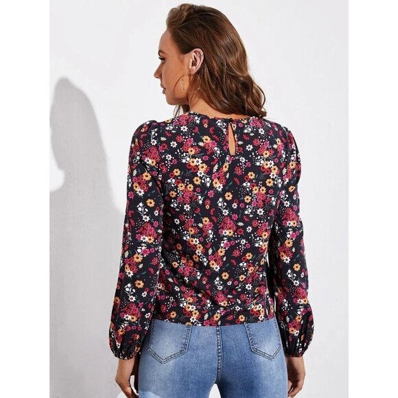Shein L Floral Long Sleeve Blouse Keyhole Back Black Multicolor - Picture 2 of 7